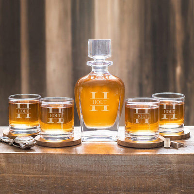 Personalized Antique Whiskey Decanter Set with 4 Lowball Glasses