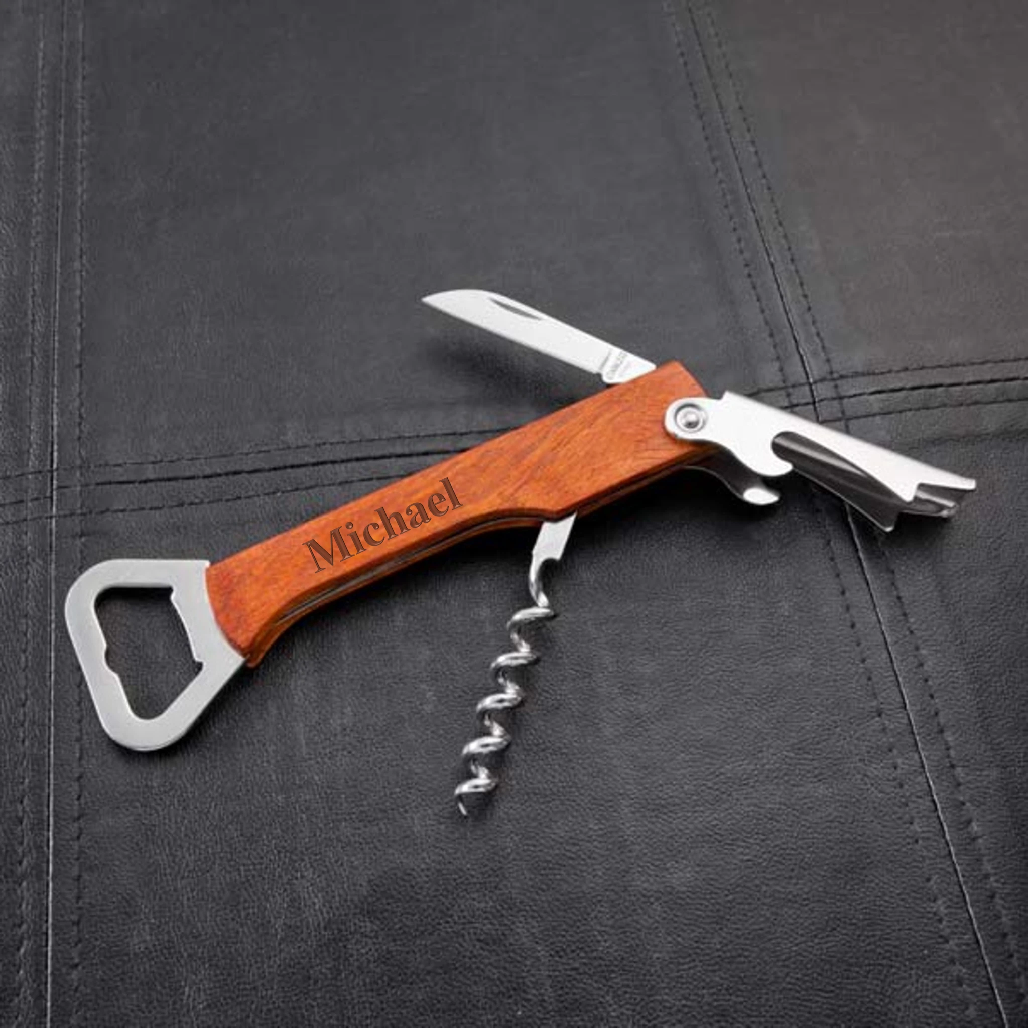 Personalized Wood Handle Bottle Opener & Wine Opener