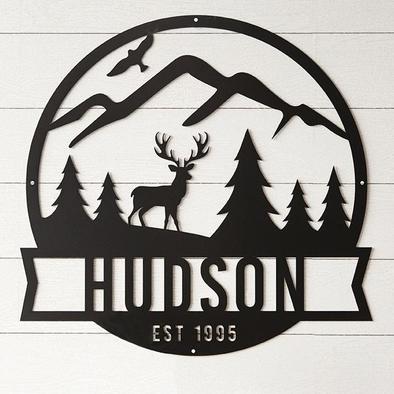 Family Name Metal Sign with Mountain Scene – Hudson Design