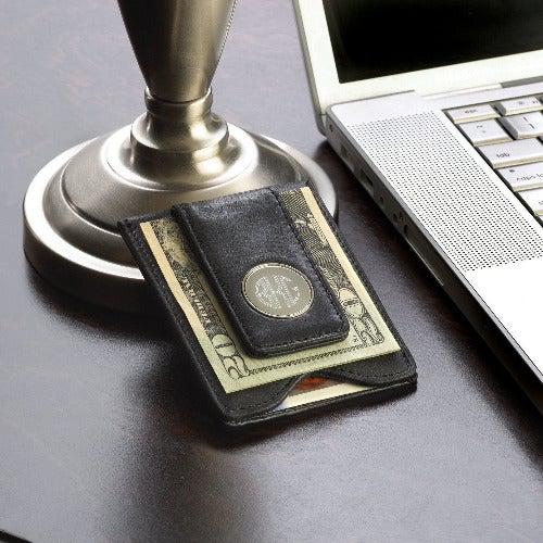 Monogrammed Black Leather Wallet and Money Clip