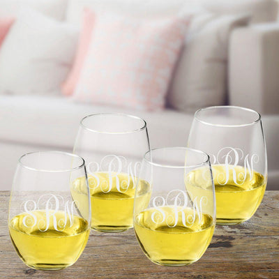 Custom Monogram Stemless Wine Glasses Set of 4
