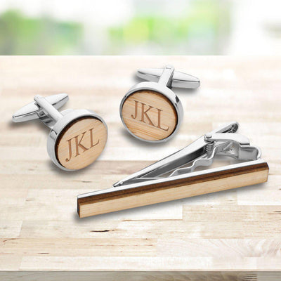 Personalized Bamboo Cufflinks & Tie Clip Set for Men