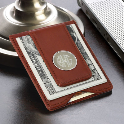 Personalized Monogram Brown Leather Wallet & Money Clip