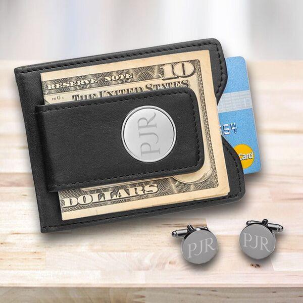 Personalized Black Leather Money Clip Gunmetal Cuff Links Gift Set