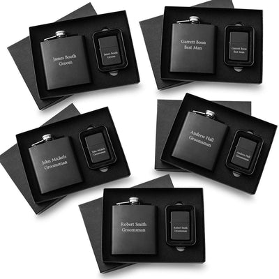 Personalized Matte Black Flask and Lighter Gift Box -Set of 5