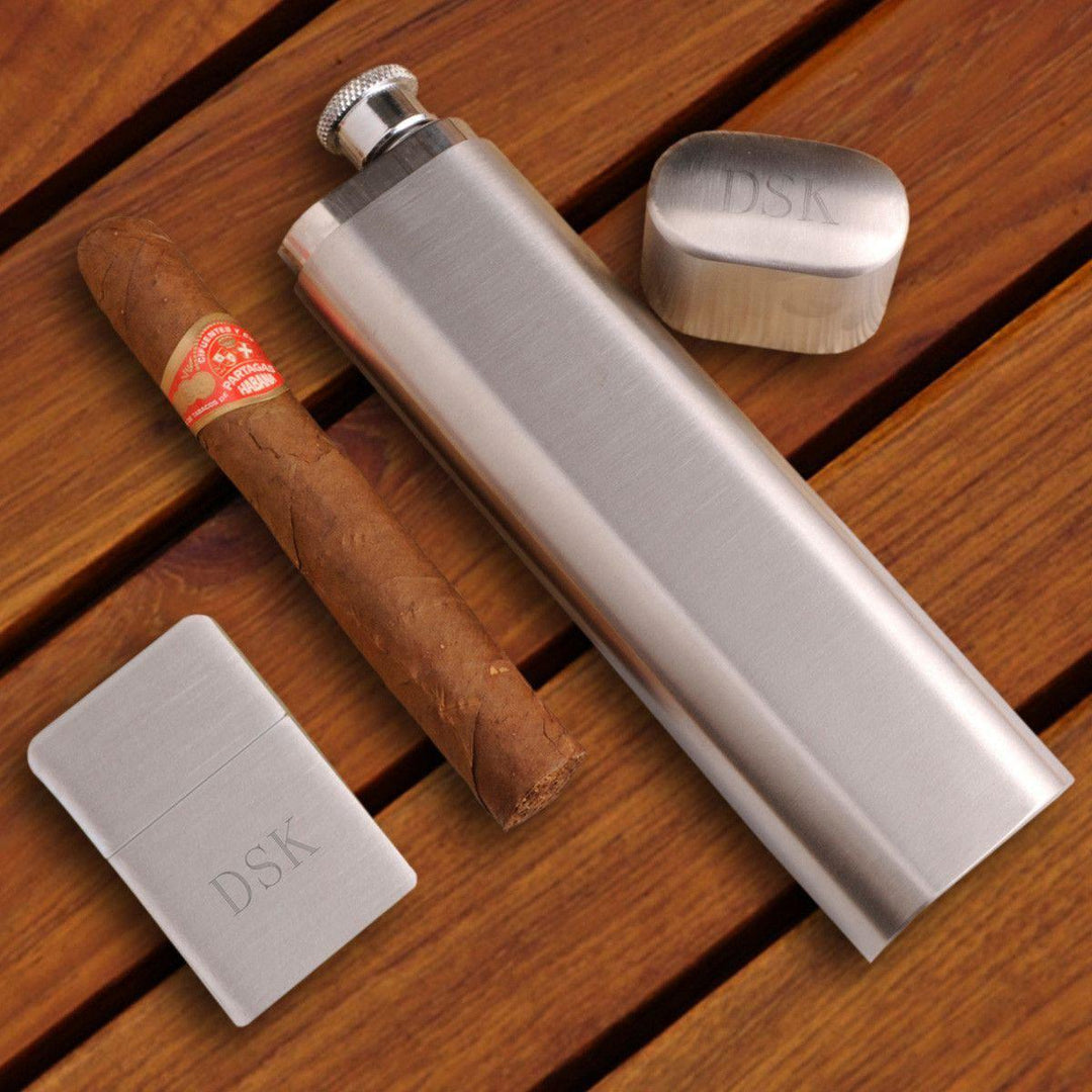 Personalized Flask and Cigar Case – Brushed Silver