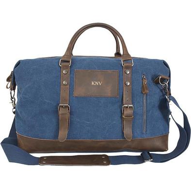 Personalized Blue Canvas and Leather Weekender Duffle Bag