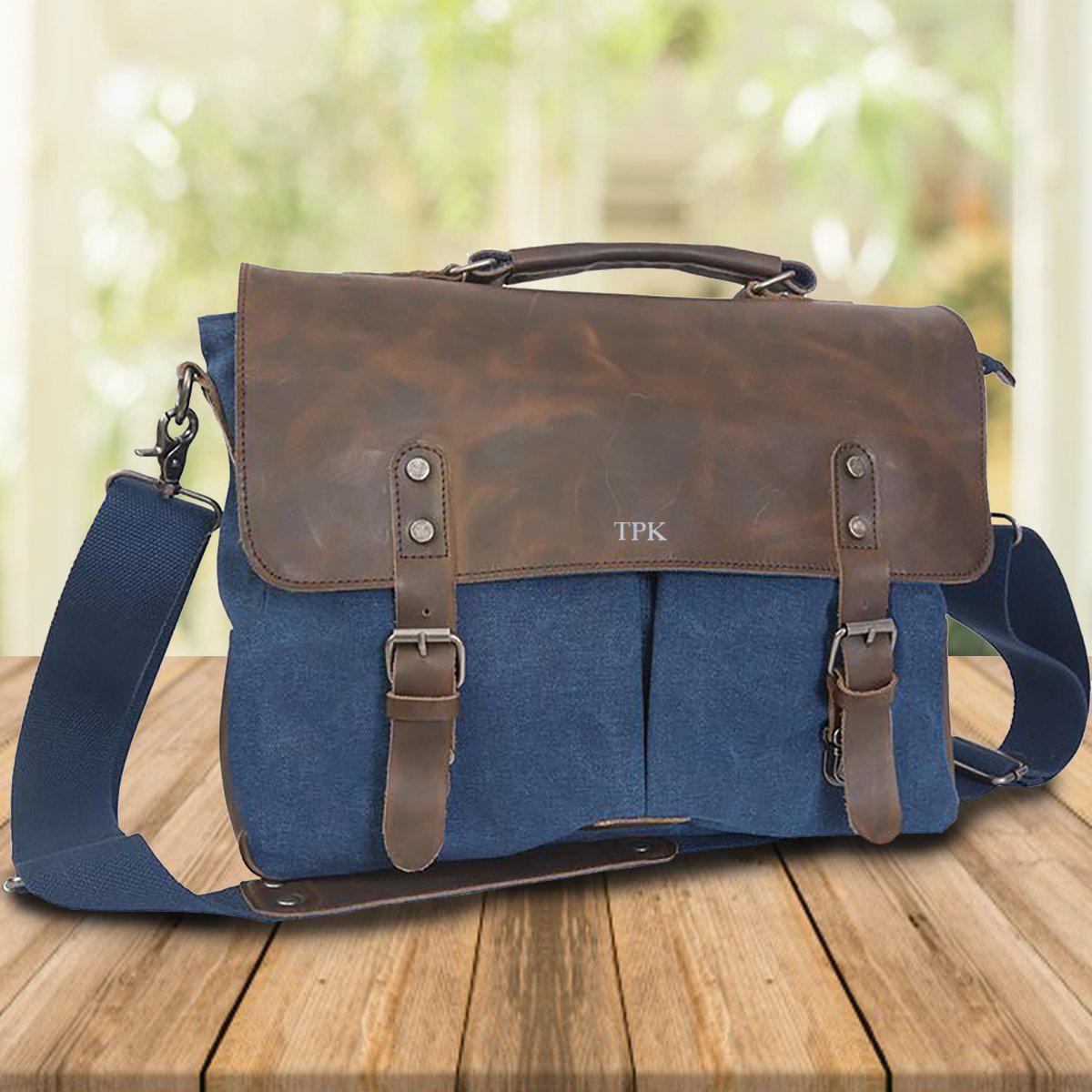 Personalized Blue Borello Leather & Canvas Messenger Bag