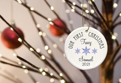 Our First Christmas Ceramic Ornament Blue Red