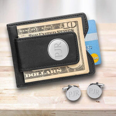 Personalized Black Leather Money Clip & Pin Stripe Cuffllinks Set