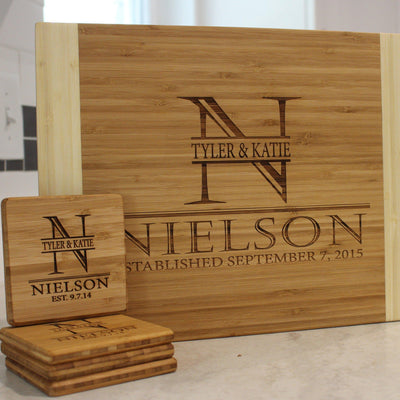 Personalized 11×14 Bamboo Cutting Board & Set of 4 Bamboo Coasters
