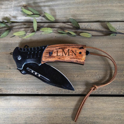 Personalized Wood Handle Hunting Knife With Wrist Lanyard
