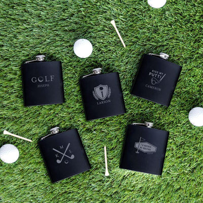 Personalized Black Golf Flasks – Set of 5