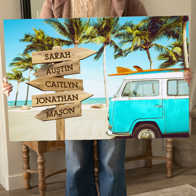 Personalized Surf Van Canvas Print with Family Names