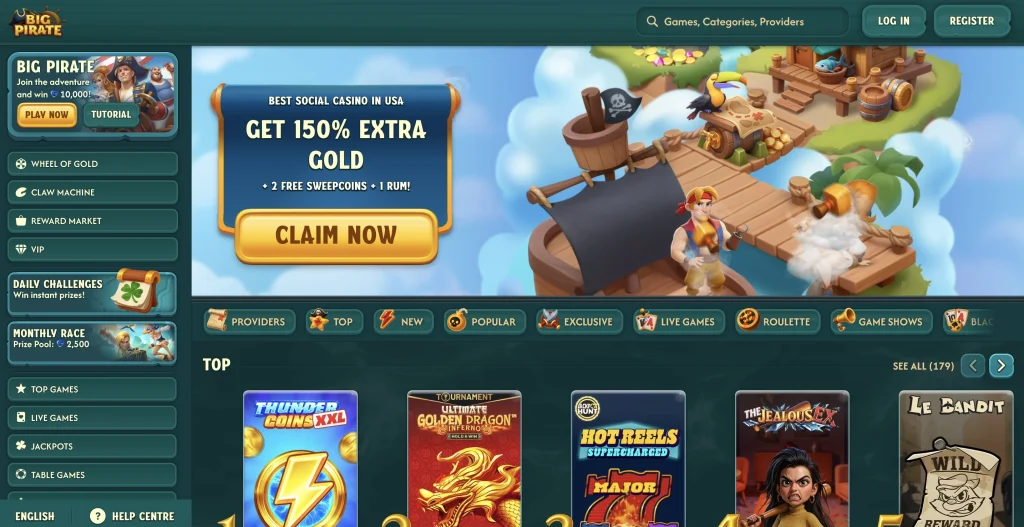 Big Pirate sweepstakes casino app in a mobile browser
