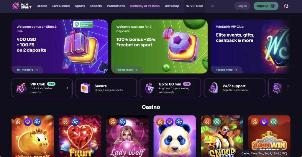 WinSpirit bitcoin casino lobby for US players