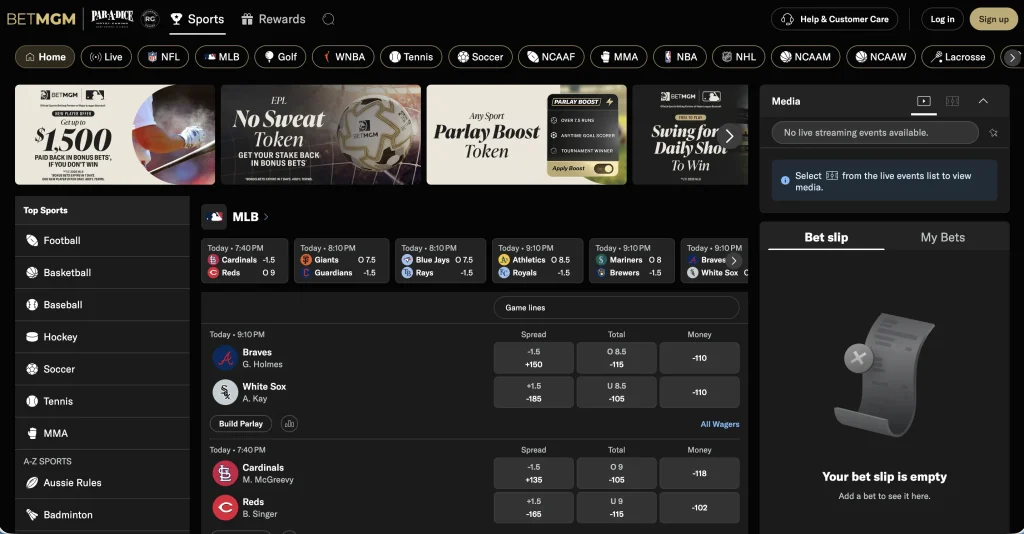 BetMGM sports betting app with live in-play betting markets