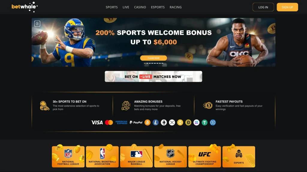 BetWhale sportsbook homepage with crypto banking and light verification