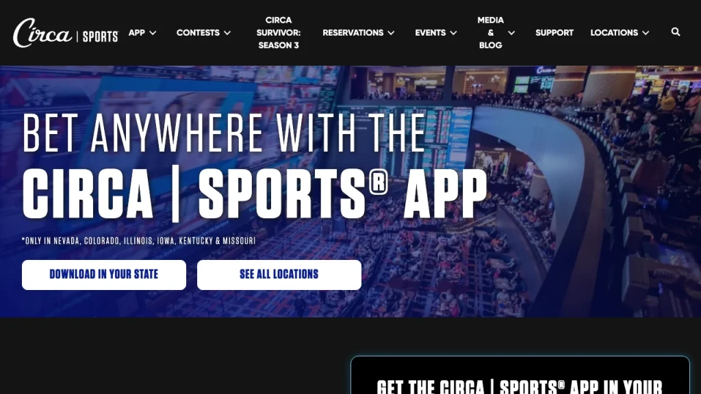 Circa Sports betting app homepage listing its six legal states