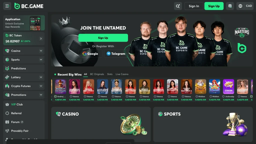 BC.Game bitcoin casino lobby with casino and sports sections