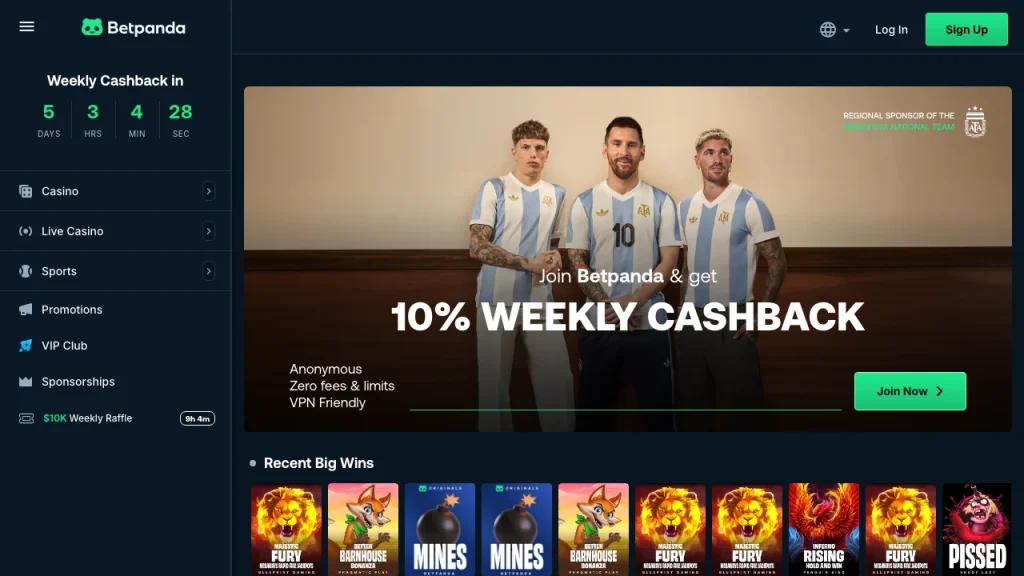 Betpanda anonymous bitcoin casino lobby with weekly cashback