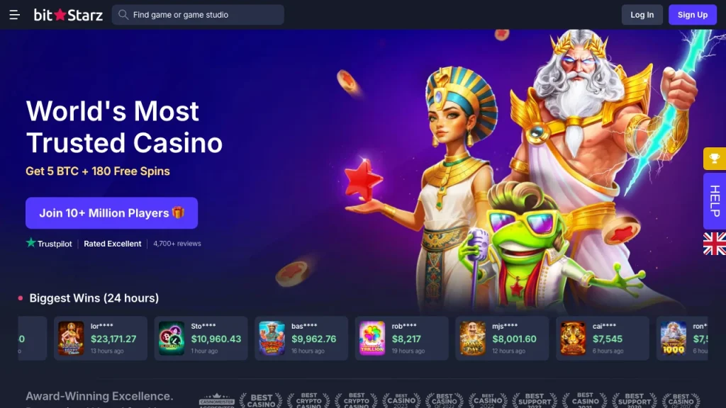 BitStarz bitcoin casino lobby with a 5 BTC welcome offer