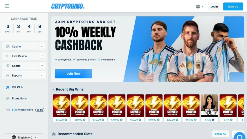 Cryptorino bitcoin casino lobby with weekly cashback offer