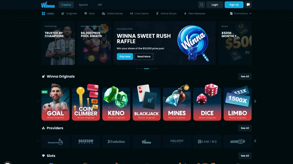 Winna bitcoin casino lobby with Winna Originals games