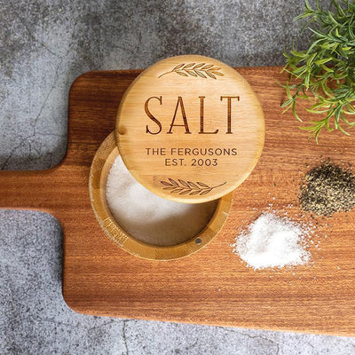 Personalized Bamboo Salt Box with Magnetic Swivel Lid
