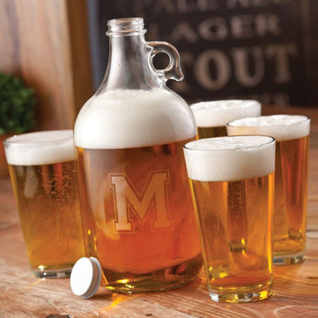 Personalized Glass Beer Growler Set with 4 Pint Glasses