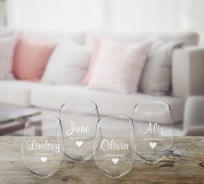 Personalized Bridal Party Stemless Wine Glasses