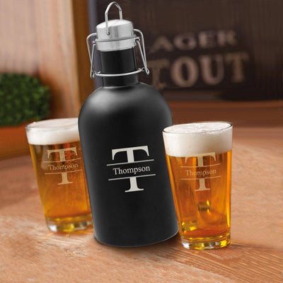 Personalized Beer Lover Gift Set Black Growler & 2 Pint Glasses