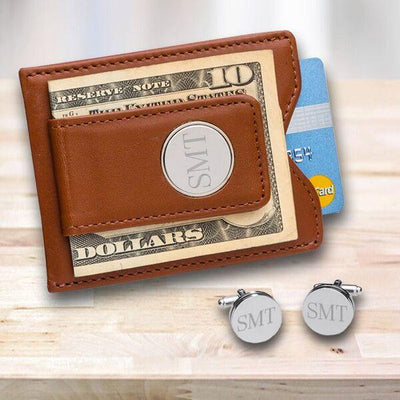 Personalized Brown Leather Money Clip & Pin Stripe Cufflinks Gift Set
