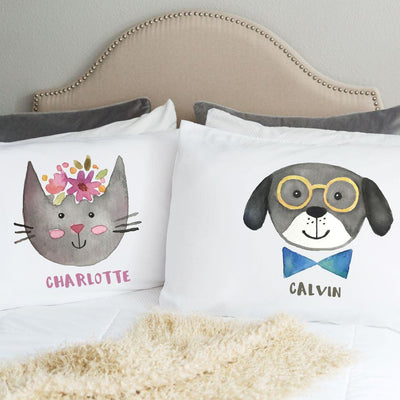 Personalized Kids Whimsical Dog and Cat Pillowcases