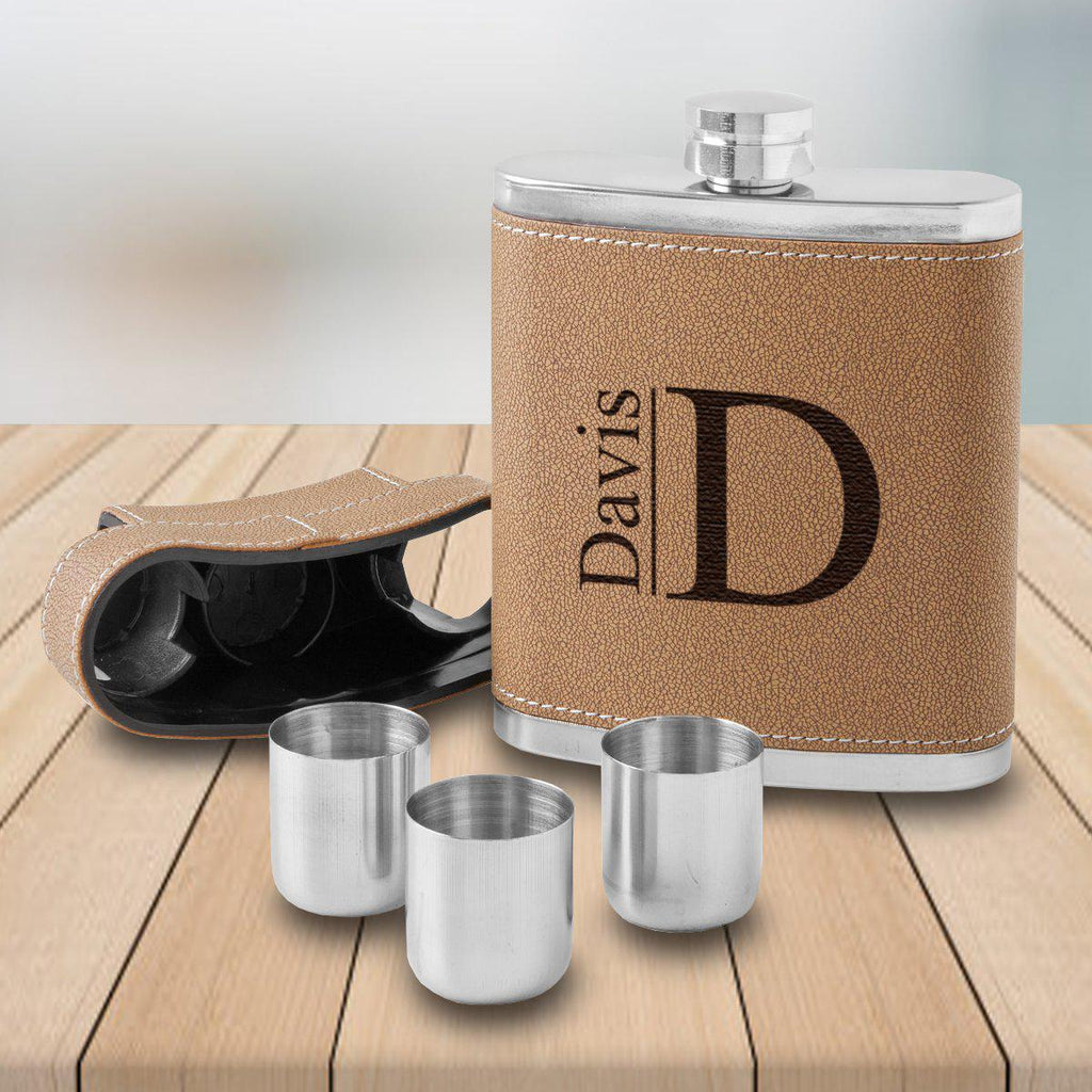 7oz Leather Personalized Flask With 3 Shot Glasses