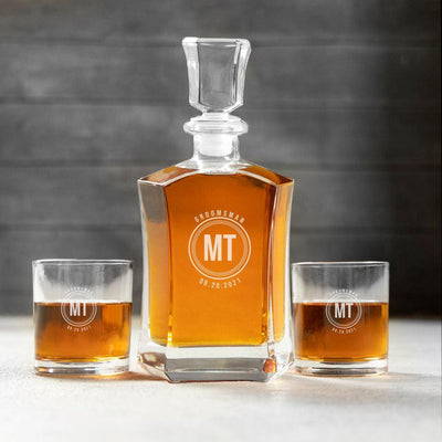 Personalized Groomsmen Whiskey Decanter Set with 2 Lowball Glasses