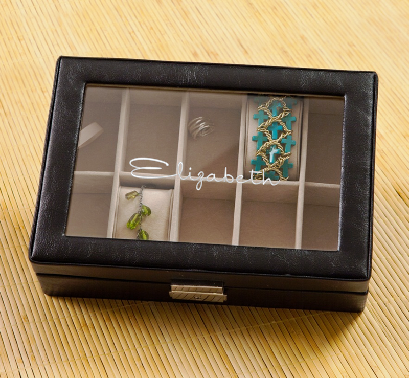 Personalized Leather Jewelry Box with Glass Lid