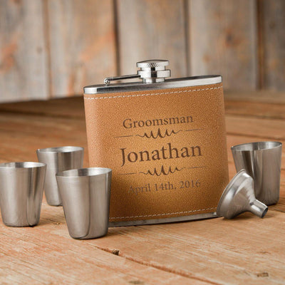 Groomsmen Hide Stitch Flask & Shot Glass Set