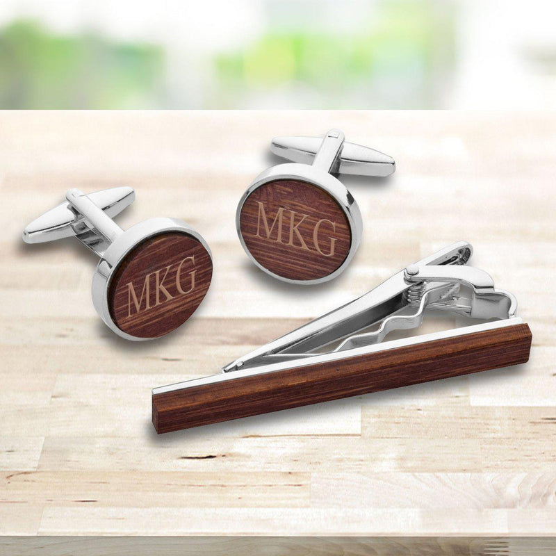 Personalized Walnut Cufflinks and Tie Clip